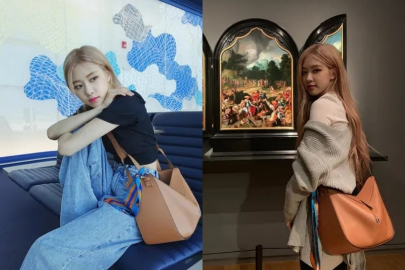 BLACKPINK 成員 Rosé 背著 Loewe Hammock 手袋,並綁上藍色絲巾,展現個人特色的時尚造型。