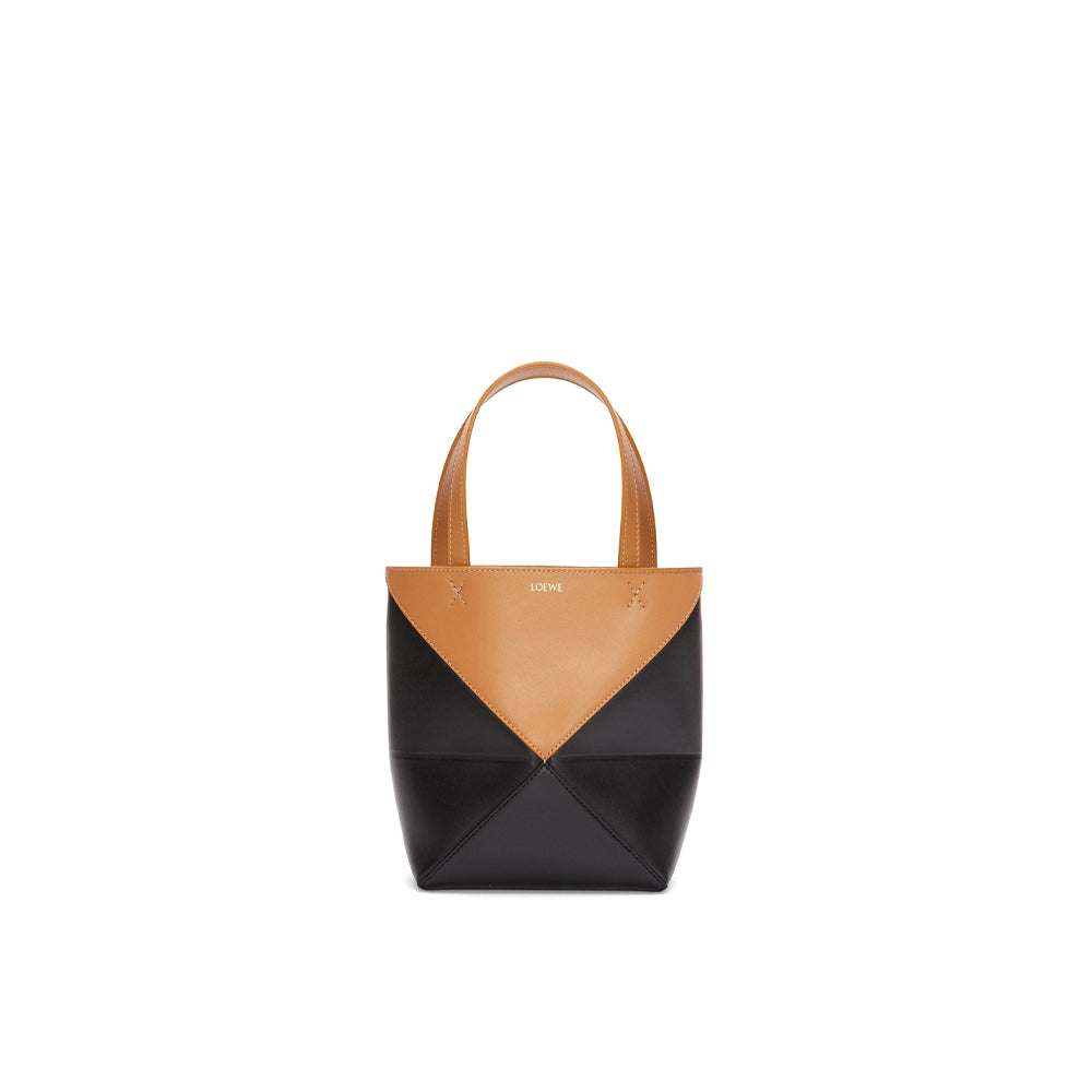 Loewe Mini Puzzle Fold Tote in shiny calfskin (Warm Desert
