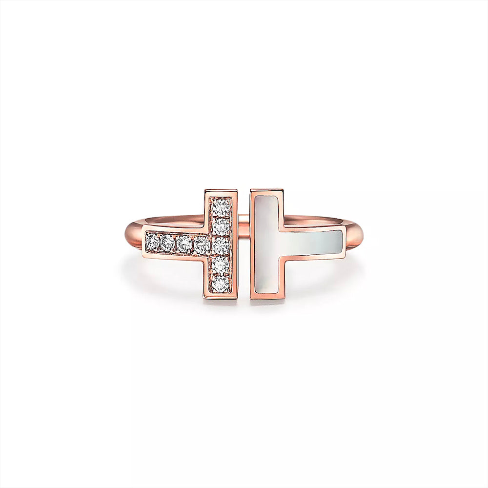 Tiffany Co. Tiffany T Wire Ring in Rose Gold with Diamonds and Mothe