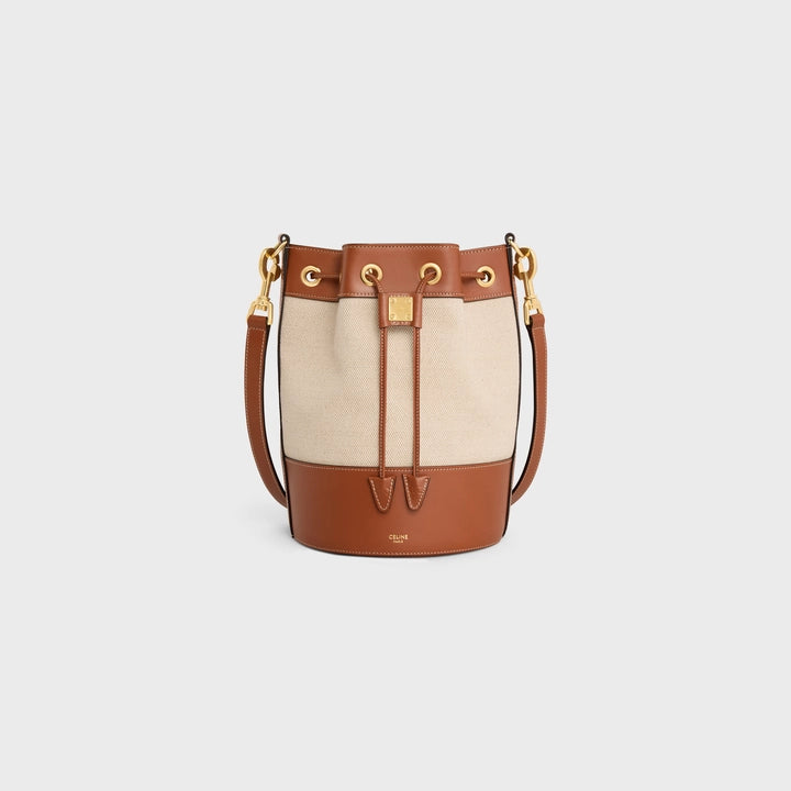 Celine Small Drawstring Cabas Marin in Textile and Calfskin (Natural/Tan)