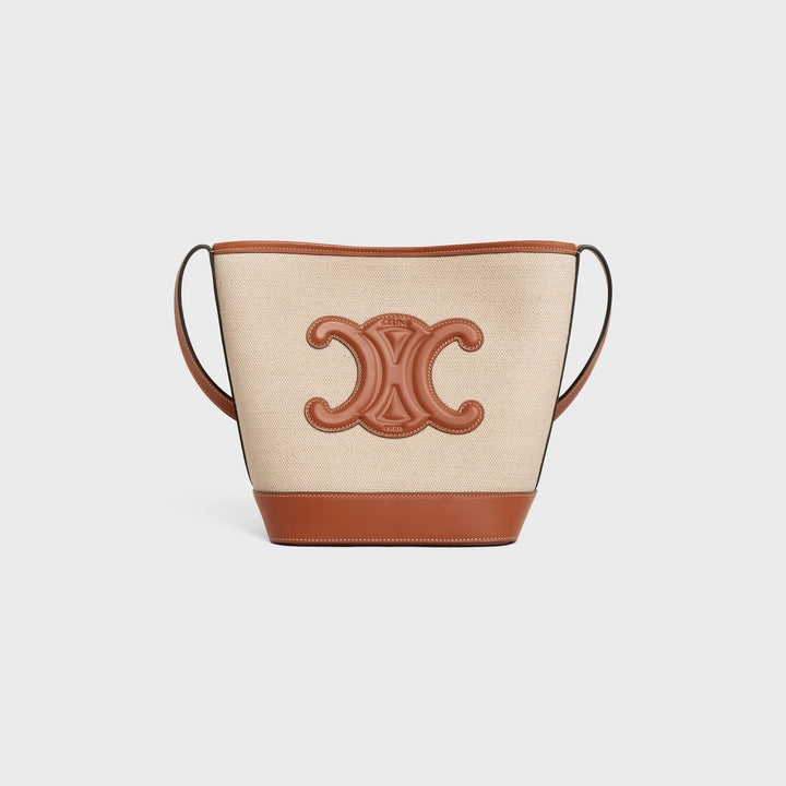 Celine Small Bucket Cuir Triomphe in Textile and Calfskin (Natural/Tan)