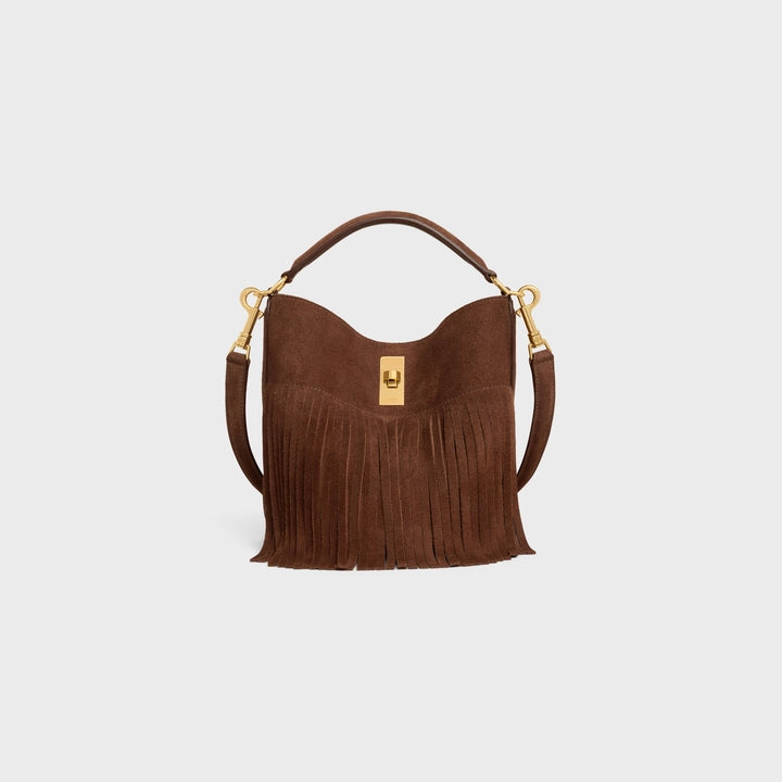 Celine Teen Bucket 16 Bag with Fringes in Suede Calfskin (Brown)