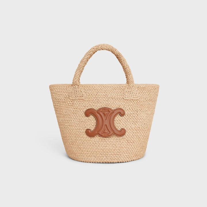 Celine Supple 小號 Triomphe Celine Classic Panier 拉菲草與小牛皮（棕褐色）