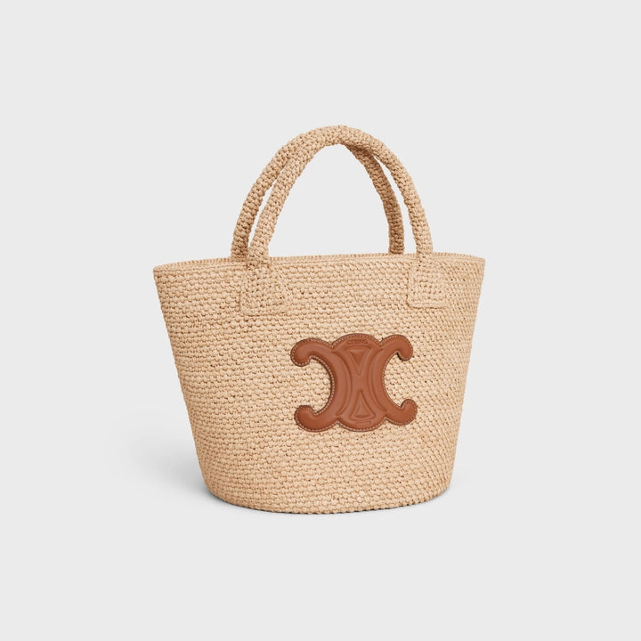 Celine Supple 小號 Triomphe Celine Classic Panier 拉菲草與小牛皮（棕褐色）