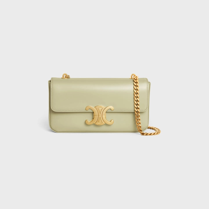 Celine 閃亮小牛皮 Triomphe 鏈條單肩包（杏仁綠）