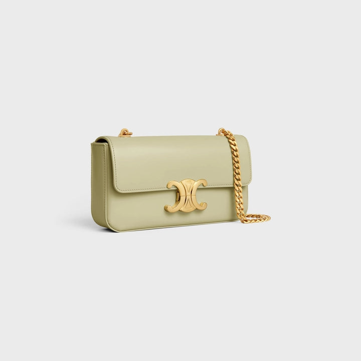 Celine 閃亮小牛皮 Triomphe 鏈條單肩包（杏仁綠）
