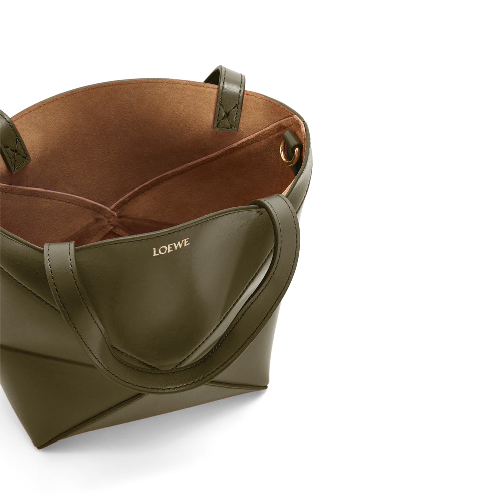 Loewe Mini Puzzle Fold Tote in shiny calfskin (Dark Khaki Green)