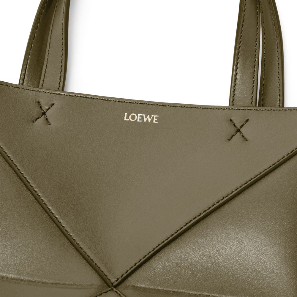 Loewe Mini Puzzle Fold Tote in shiny calfskin (Dark Khaki Green)