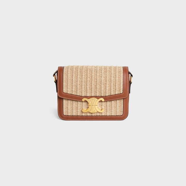 Celine Teen Triomphe Bag in  Raffia Effect Textile and Calfskin (Natural/Tan)