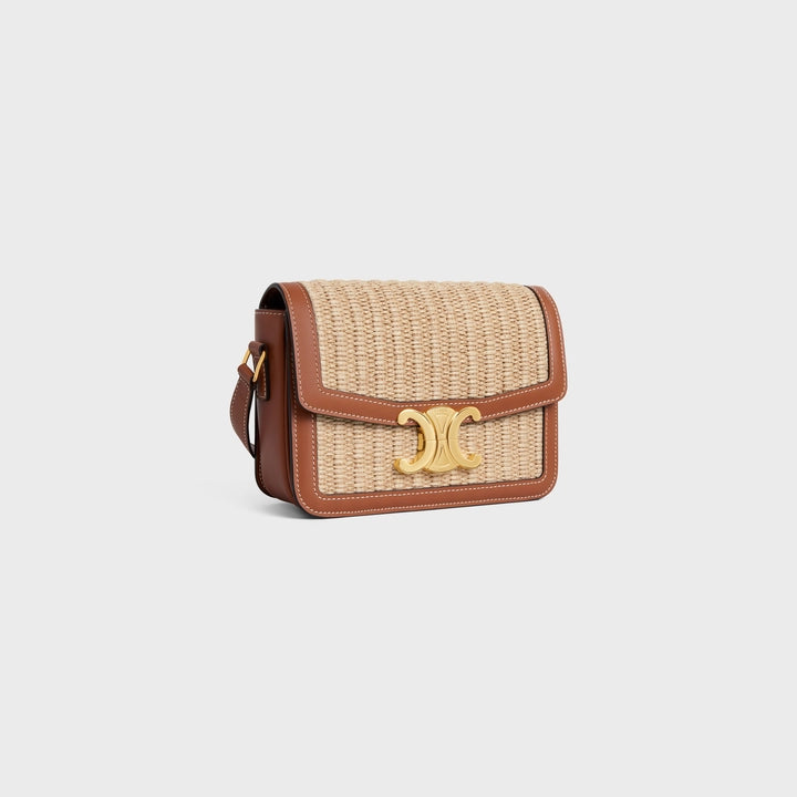 Celine Teen Triomphe Bag in  Raffia Effect Textile and Calfskin (Natural/Tan)