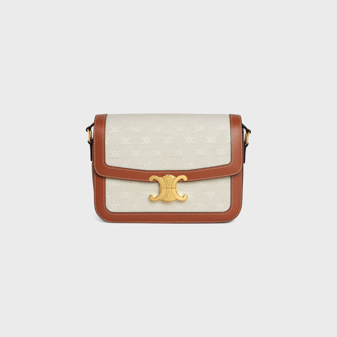 Celine Classique Triomphe Bag in Textile with Triomphe  All-over & Calfskin  (Natural/Tan)