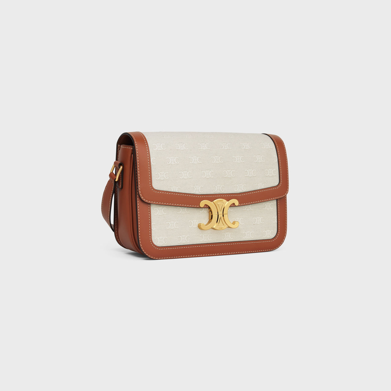 Celine Classique Triomphe Bag in Textile with Triomphe  All-over & Calfskin  (Natural/Tan)