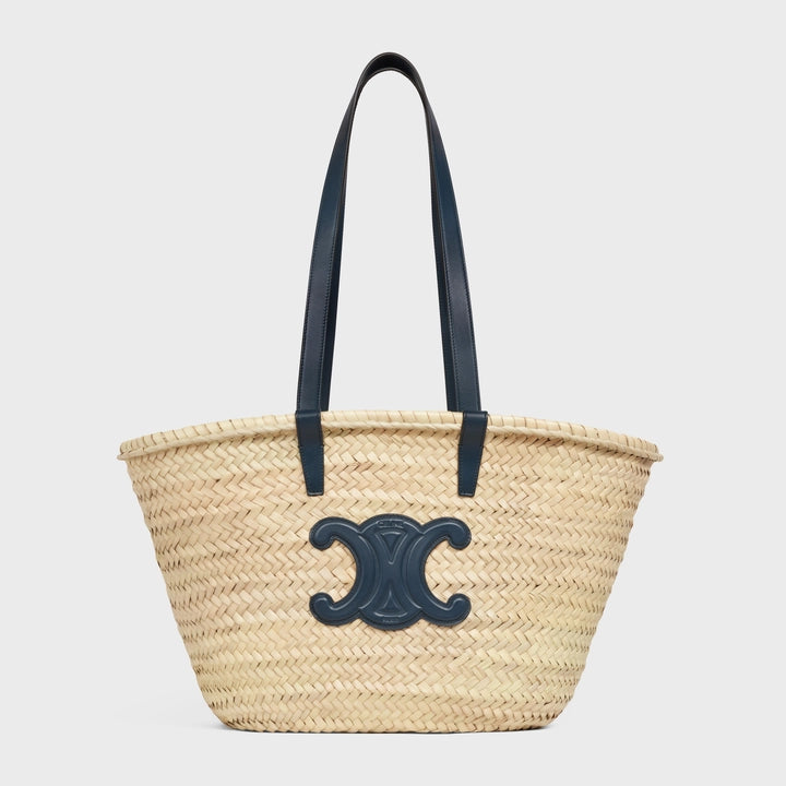 Celine Medium Triomphe Celine Classic Panier in Palm Leaves and Calfskin (Navy Blue)