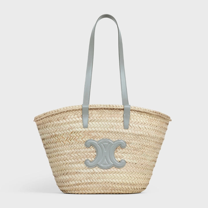 Celine Medium Triomphe Celine Classic Panier in Palm Leaves and Calfskin (Pearl Blue)