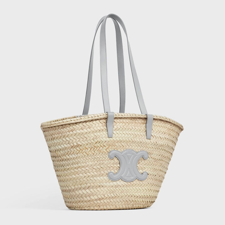 Celine Medium Triomphe Celine Classic Panier in Palm Leaves and Calfskin (Pearl Blue)