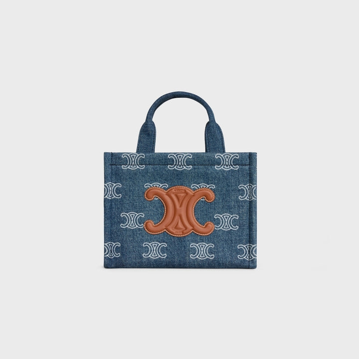 Celine 小號 Cabas Thai 牛仔布 Triomphe 全身刺繡與小牛皮（海軍藍/棕褐色）