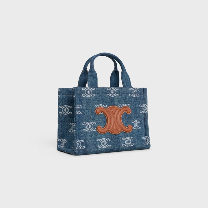 Celine 小號 Cabas Thai 牛仔布 Triomphe 全身刺繡與小牛皮（海軍藍/棕褐色）