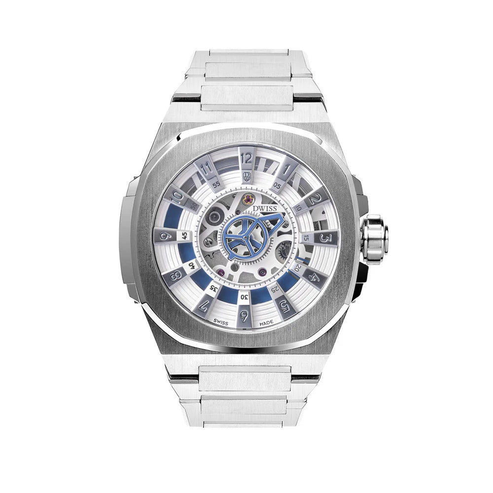 DWISS M3S Blue Bracelet，醒目的藍白色錶盤與堅固金屬錶帶，適合追求時尚與性能的腕錶愛好者。