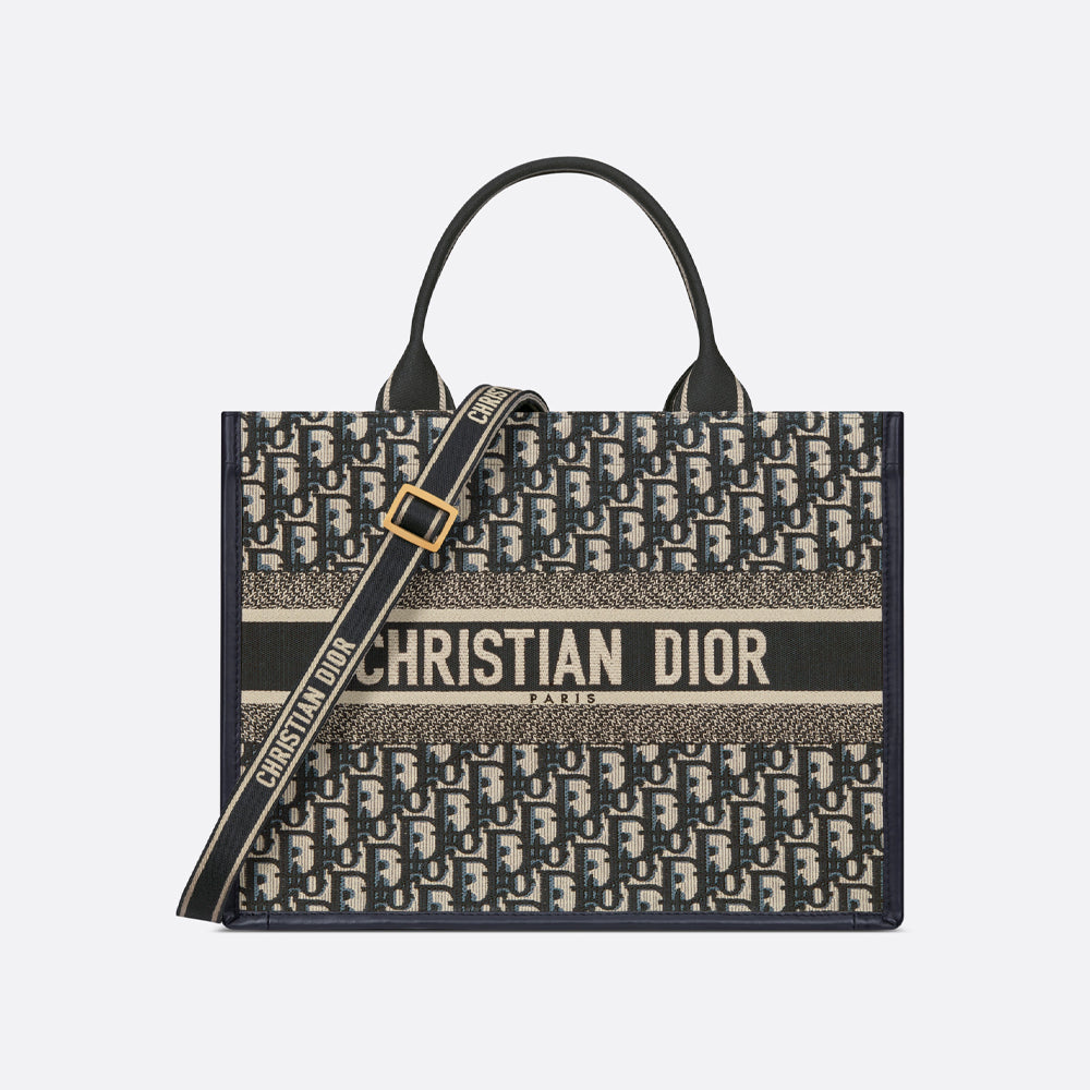 Dior Medium Dior Book Tote (Blue Dior Oblique Embroidery and Calfskin)