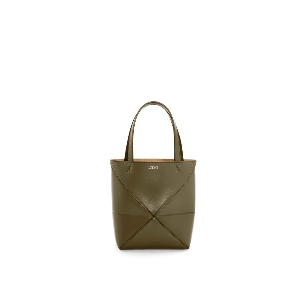 Loewe Mini Puzzle Fold Tote in shiny calfskin (Dark Khaki Green)