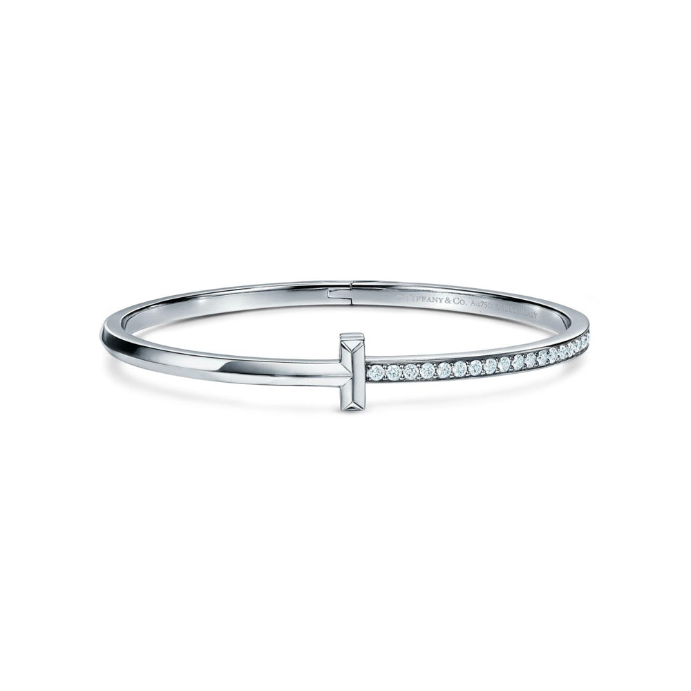 Tiffany &amp; Co. Tiffany T T1 18k 白金窄鑽石鉸鏈手鐲