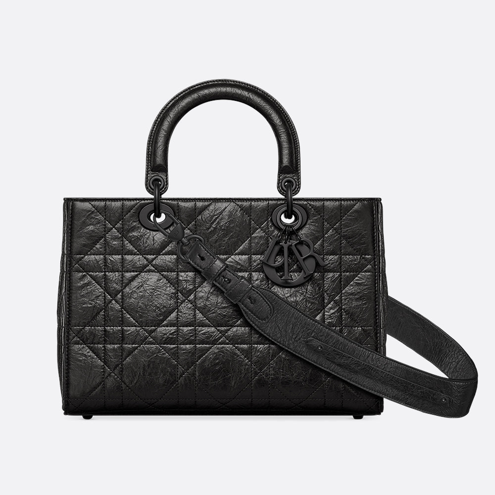 Dior Medium Lady D-Sire My ABCDior Bag (Black Macrocannage Crinkled Calfskin)
