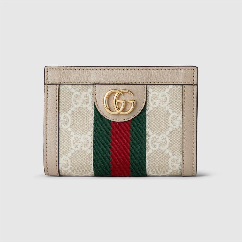 Gucci Ophidia 雙折錢包，經典 GG Supreme 帆布配以綠紅綠條紋設計。