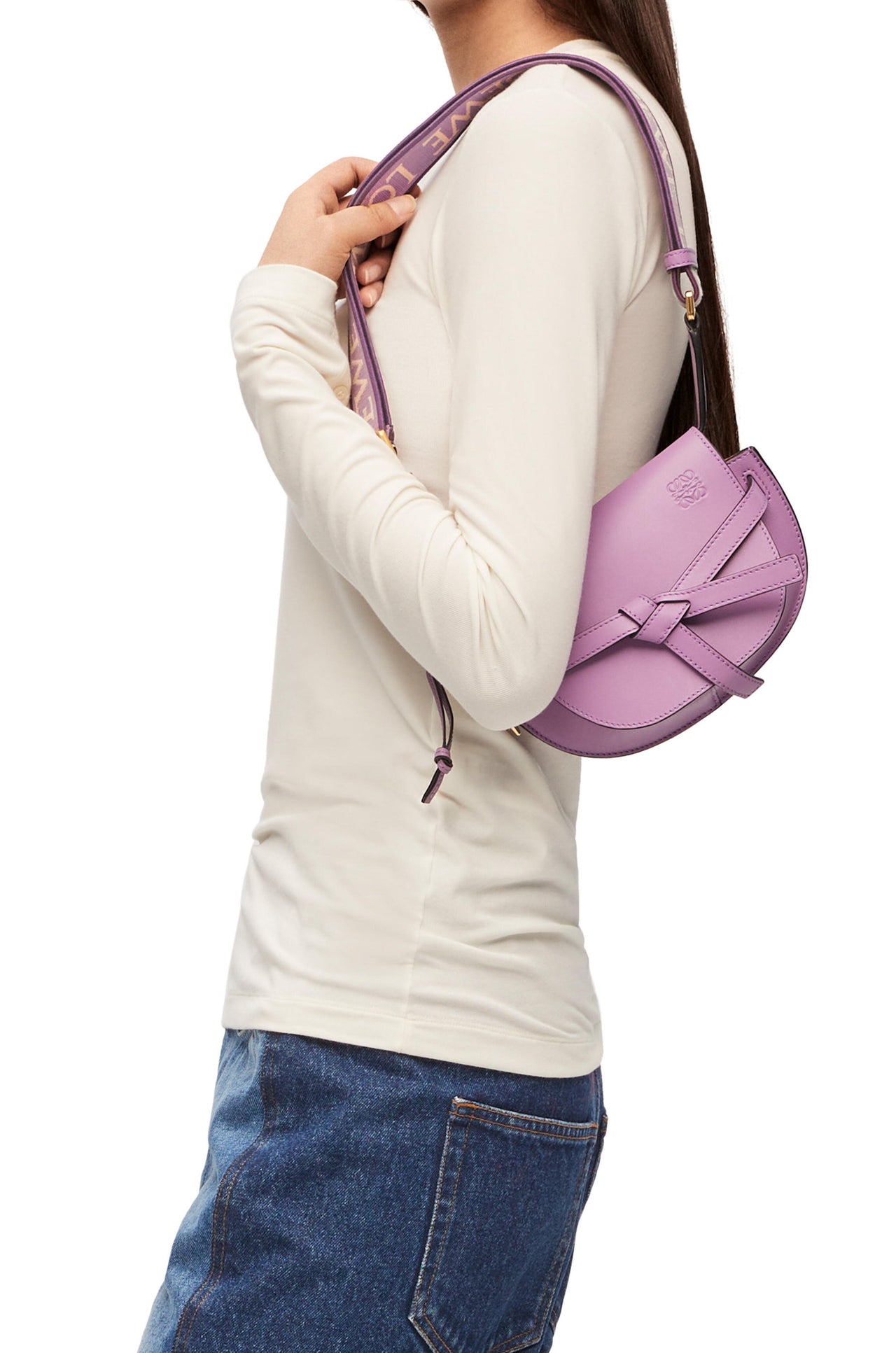 Loewe Mini Gate Dual bag in soft calfskin and jacquard (Colour: Guimauve)