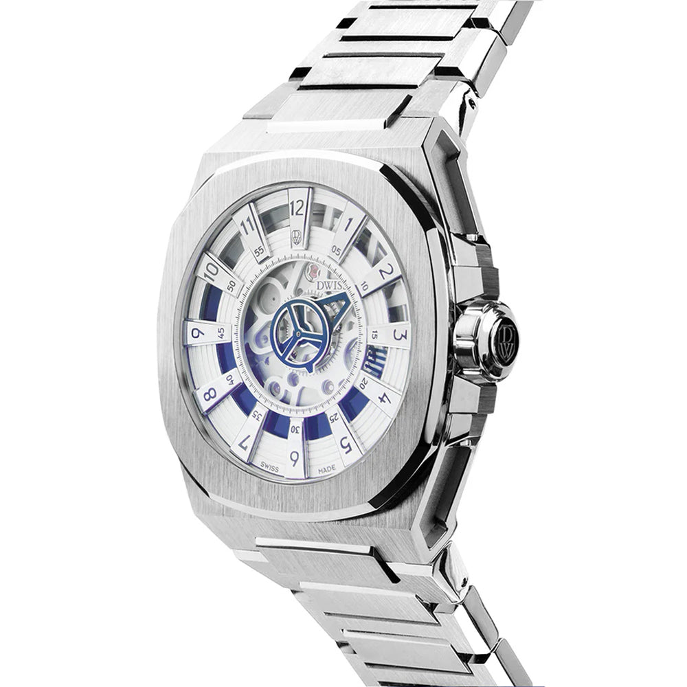 DWISS M3S Blue Bracelet，醒目的藍白色錶盤與堅固金屬錶帶，適合追求時尚與性能的腕錶愛好者。