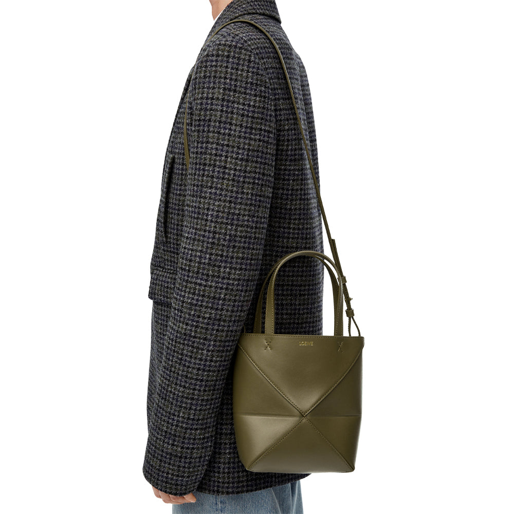 Loewe Mini Puzzle Fold Tote in shiny calfskin (Dark Khaki Green)