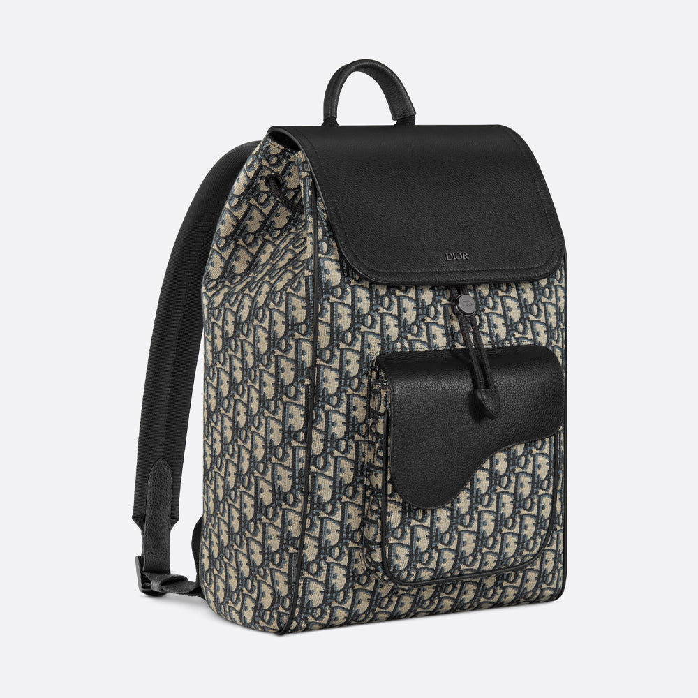 Dior Saddle Backpack (Beige and Black Dior Oblique Jacquard and Black Grained Calfskin)
