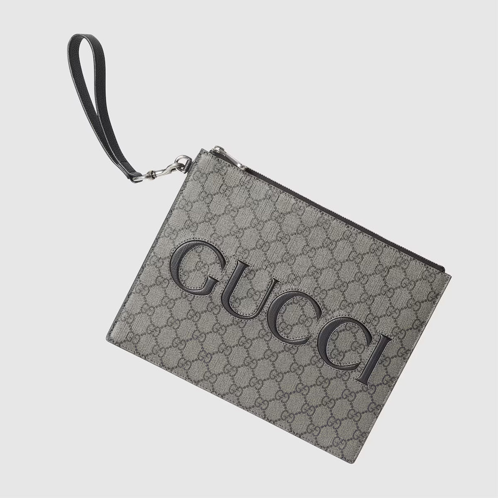 Gucci Pouch With Strap (Grey and black GG Supreme canvas)
