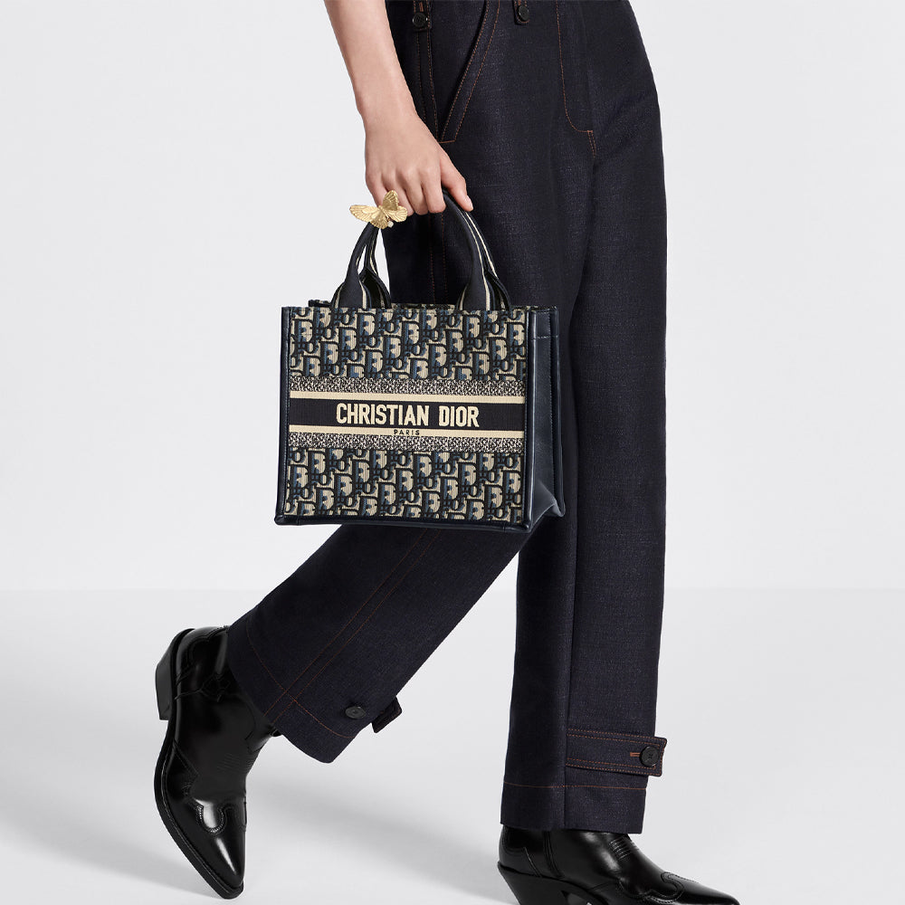 Dior Small Dior Book Tote (Blue Dior Oblique Embroidery and Calfskin)