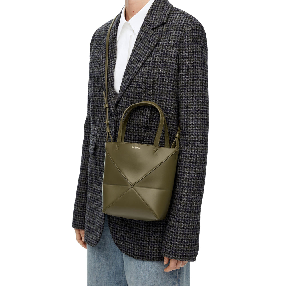 Loewe Mini Puzzle Fold Tote in shiny calfskin (Dark Khaki Green)