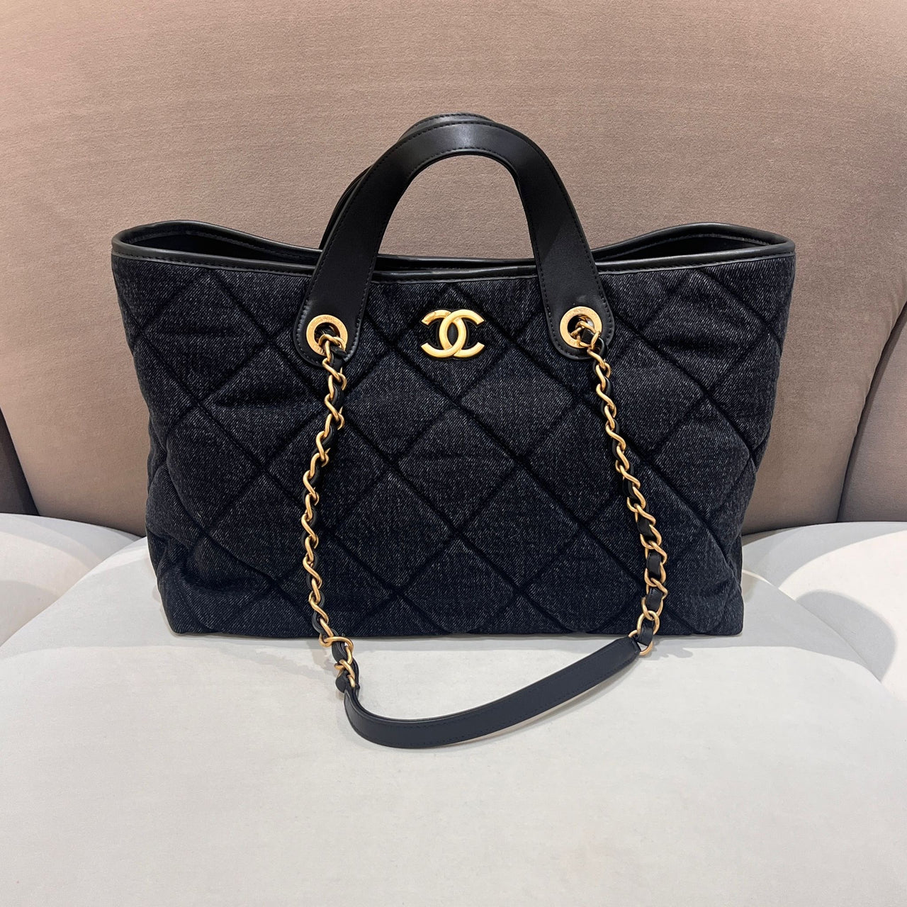 Hong Kong Stock - Chanel Shopping Bag Washed Denim & Gold-Tone Metal (Black)