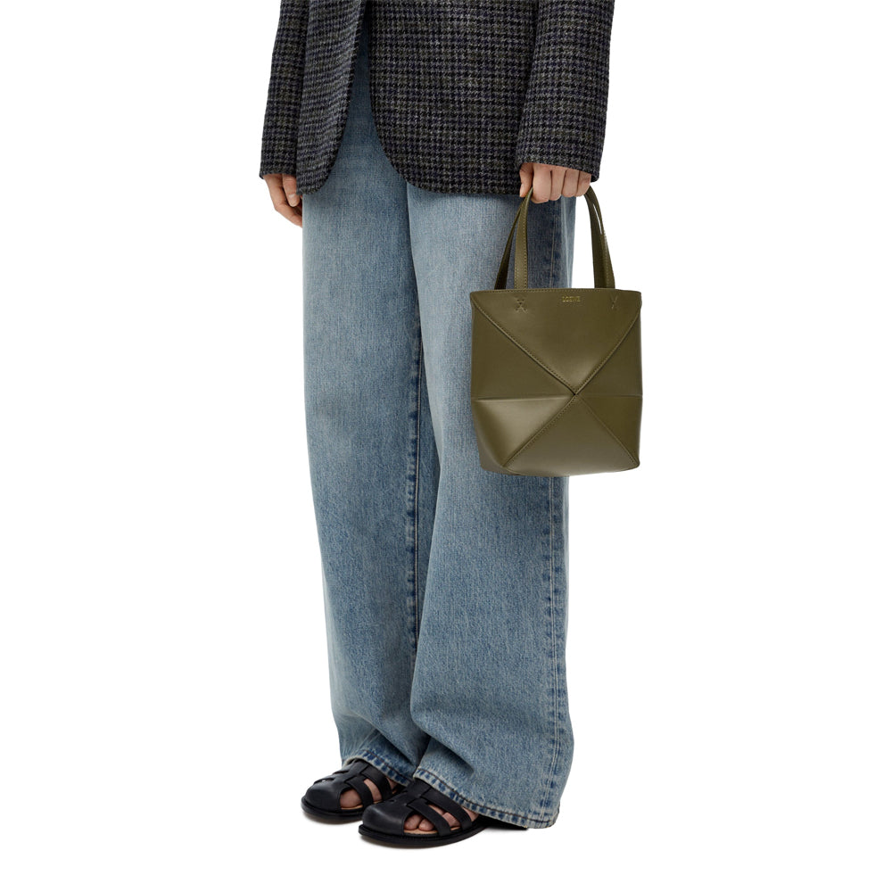 Loewe Mini Puzzle Fold Tote in shiny calfskin (Dark Khaki Green)