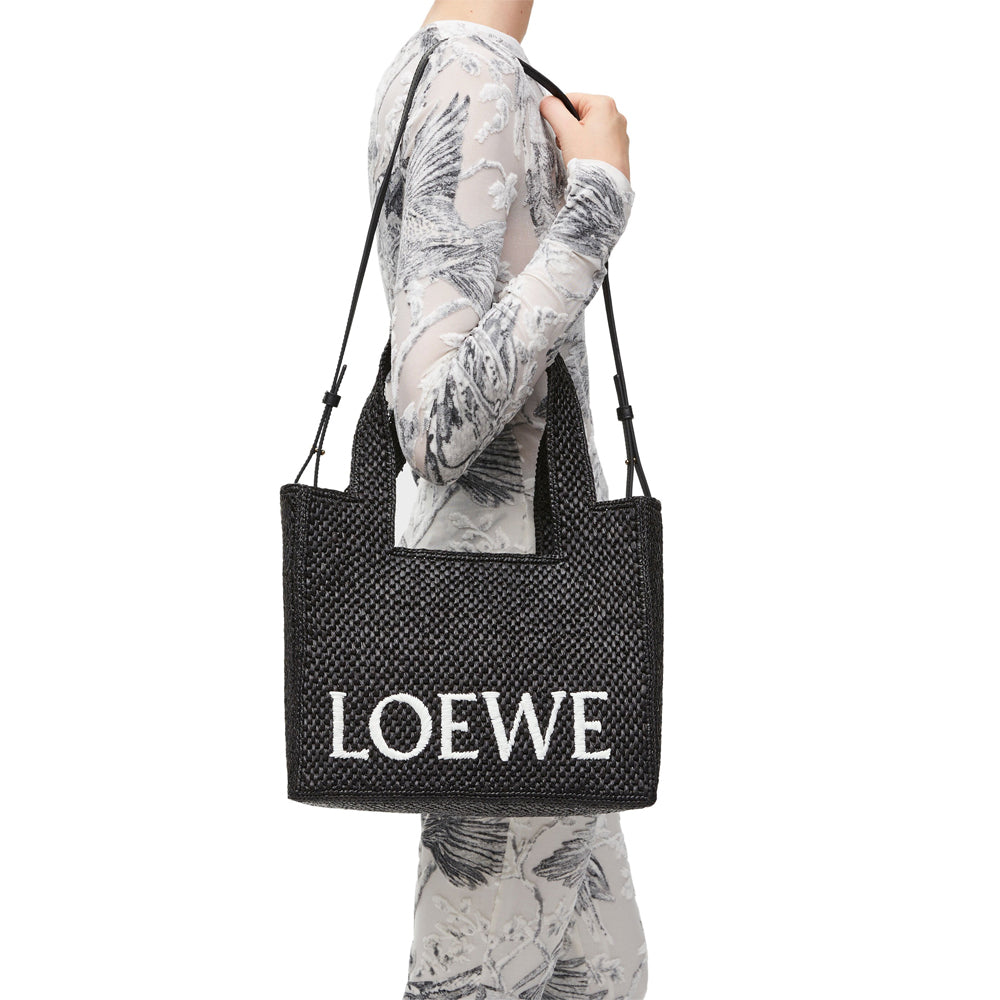 Loewe Medium LOEWE Font Tote in raffia (Black)