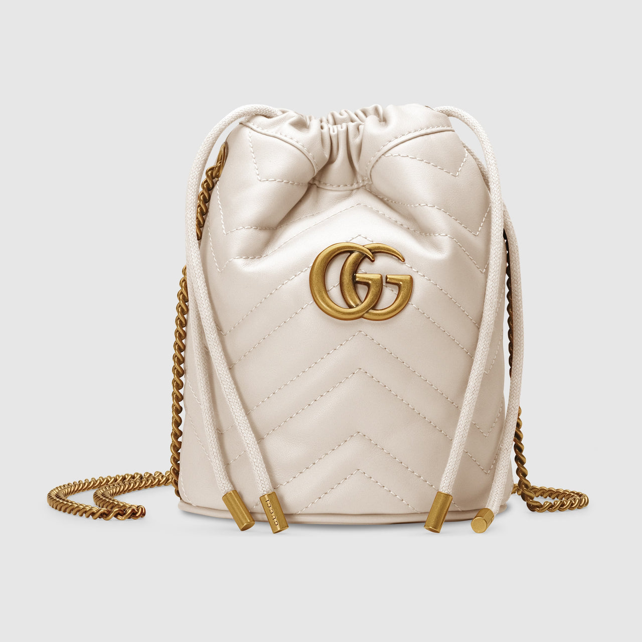 Gucci GG Marmont 迷你水桶包（白色皮革）