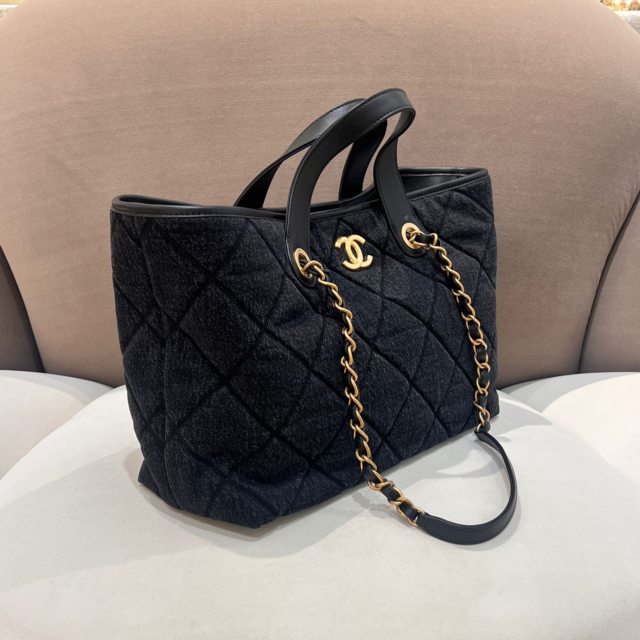 Hong Kong Stock - Chanel Shopping Bag Washed Denim & Gold-Tone Metal (Black)