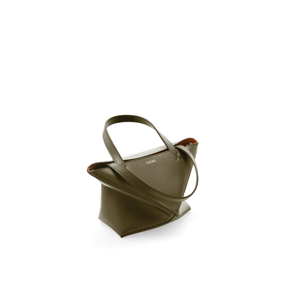 Loewe Mini Puzzle Fold Tote in shiny calfskin (Dark Khaki Green)