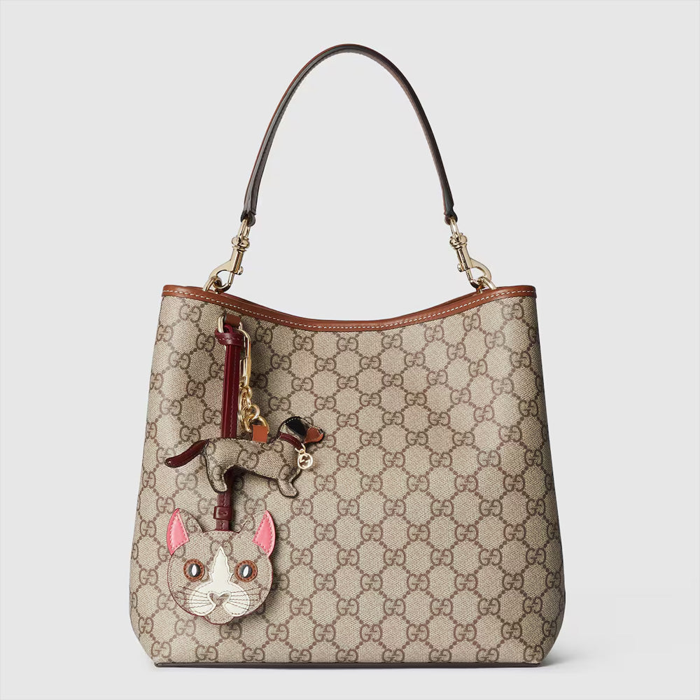 Gucci GG Emblem small shoulder bag (Beige and dark brown new GG Monogram coated fabric)