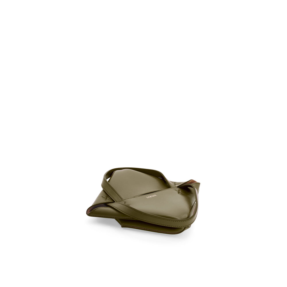 Loewe Mini Puzzle Fold Tote in shiny calfskin (Dark Khaki Green)