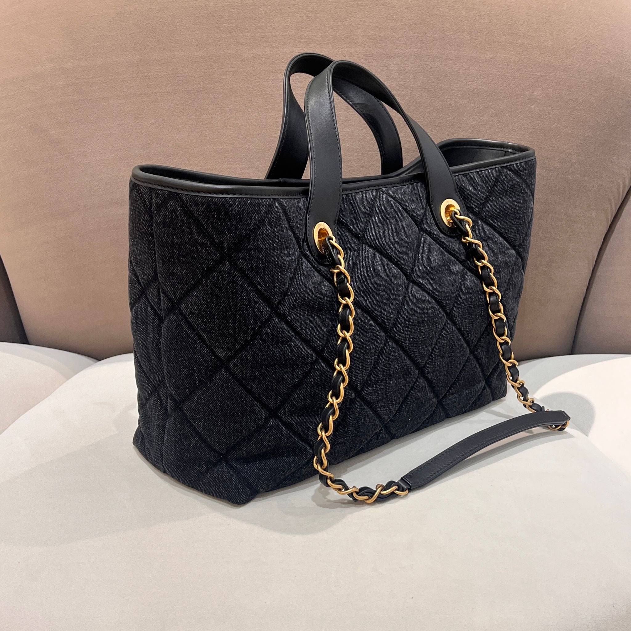 Hong Kong Stock - Chanel Shopping Bag Washed Denim & Gold-Tone Metal (Black)