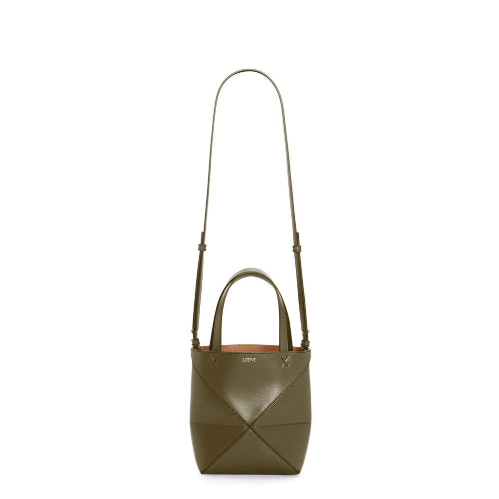 Loewe Mini Puzzle Fold Tote in shiny calfskin (Dark Khaki Green)