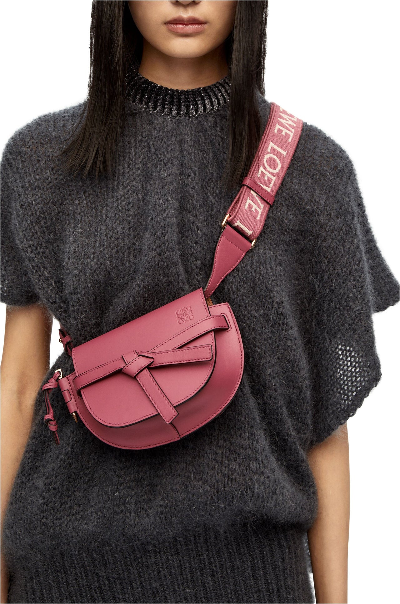 Loewe Mini Gate Dual bag in soft calfskin and jacquard (Colour: Plumrose)