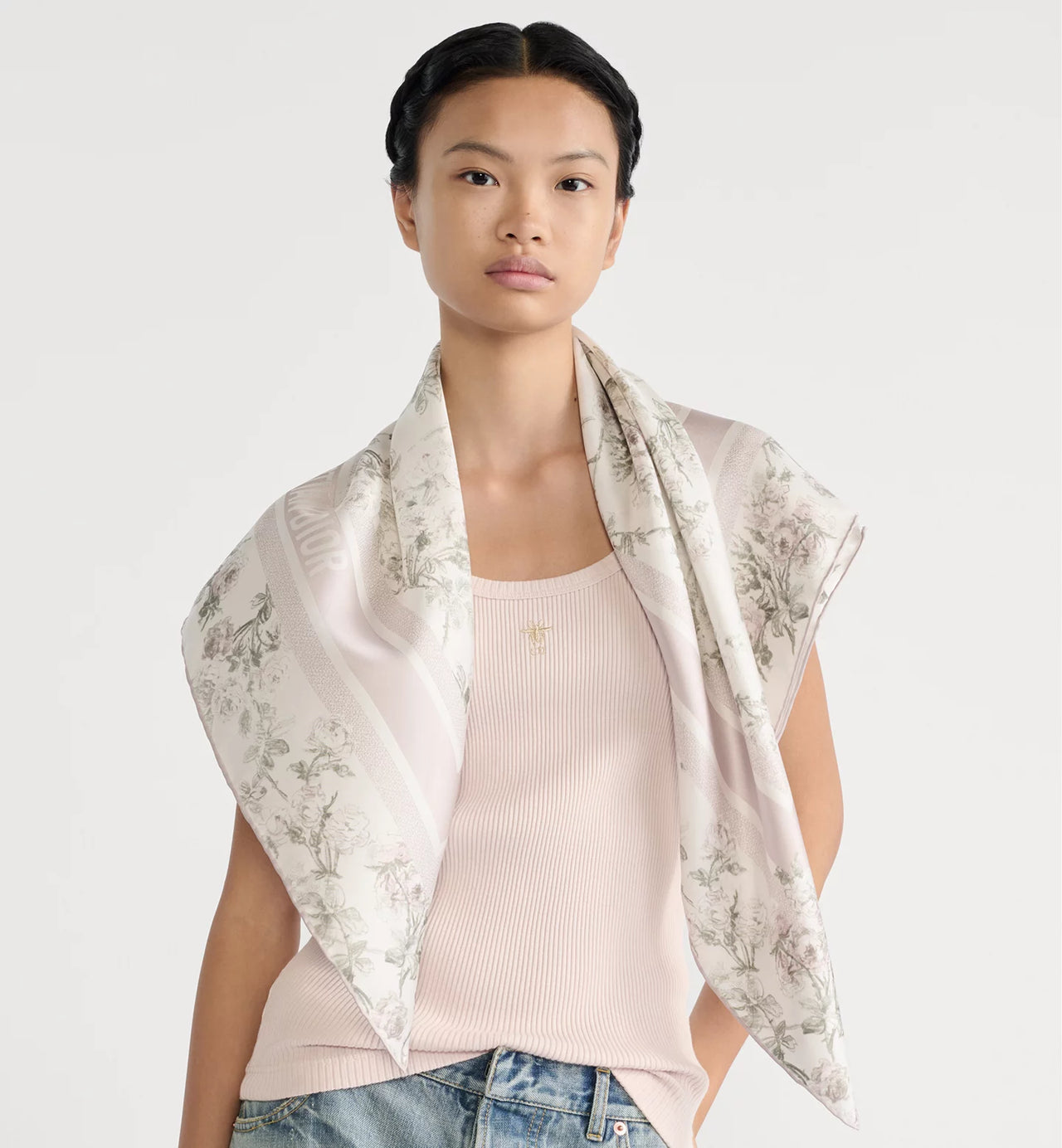 Dior Rosier de Dior 90 Square Scarf (White and Purple Silk Twill)