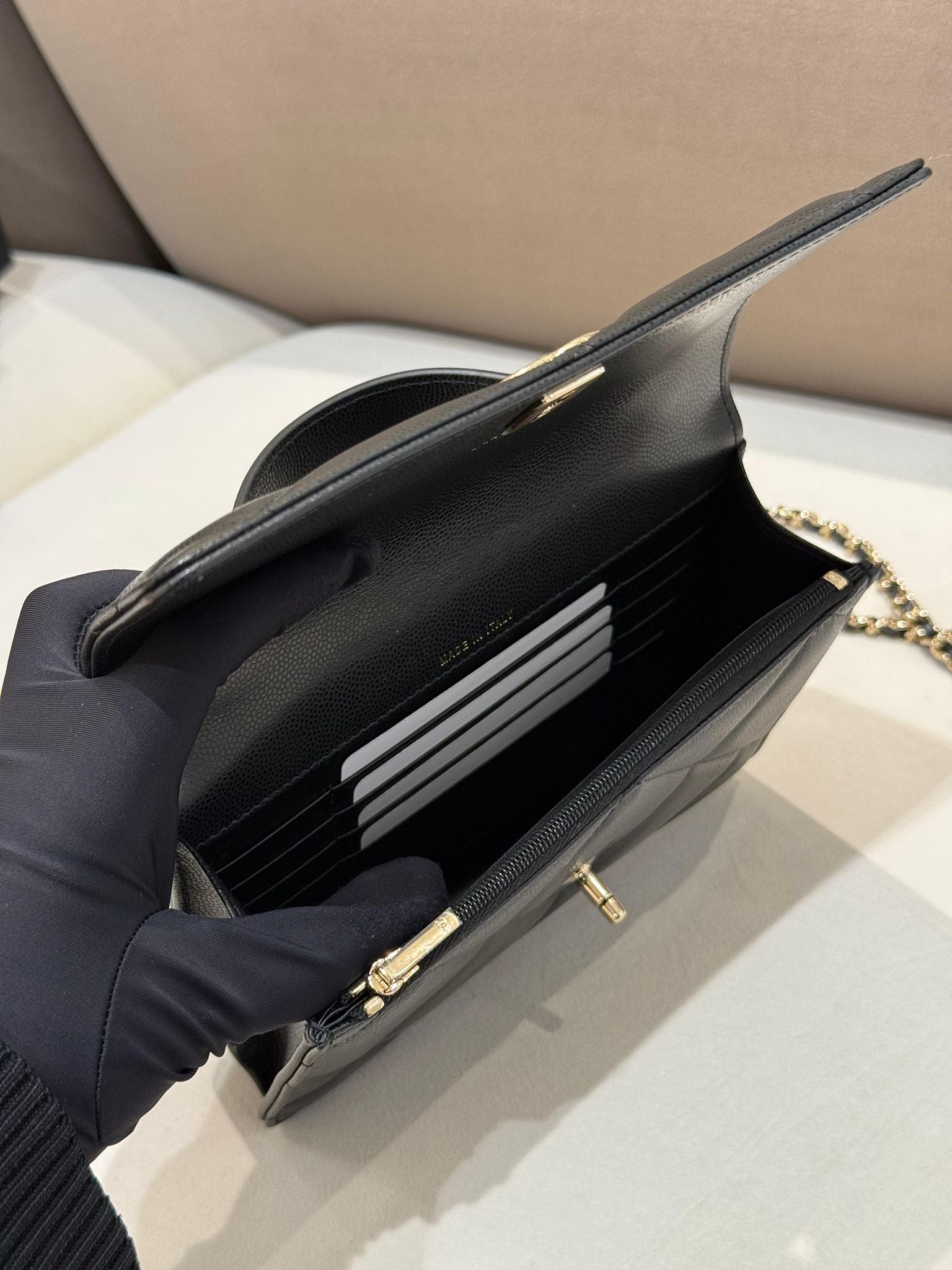 Hong Kong Stock - Chanel Wallet on Chain Grained Shiny Calfskin & Gold-Tone Metal (Black) AP4931