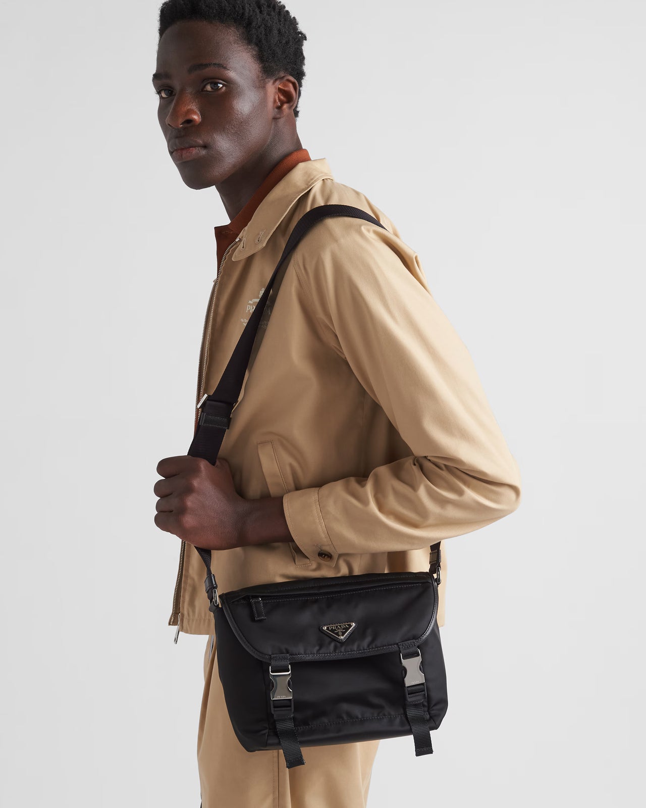 Prada Re-Nylon and Saffiano leather shoulder bag (Color: Black)