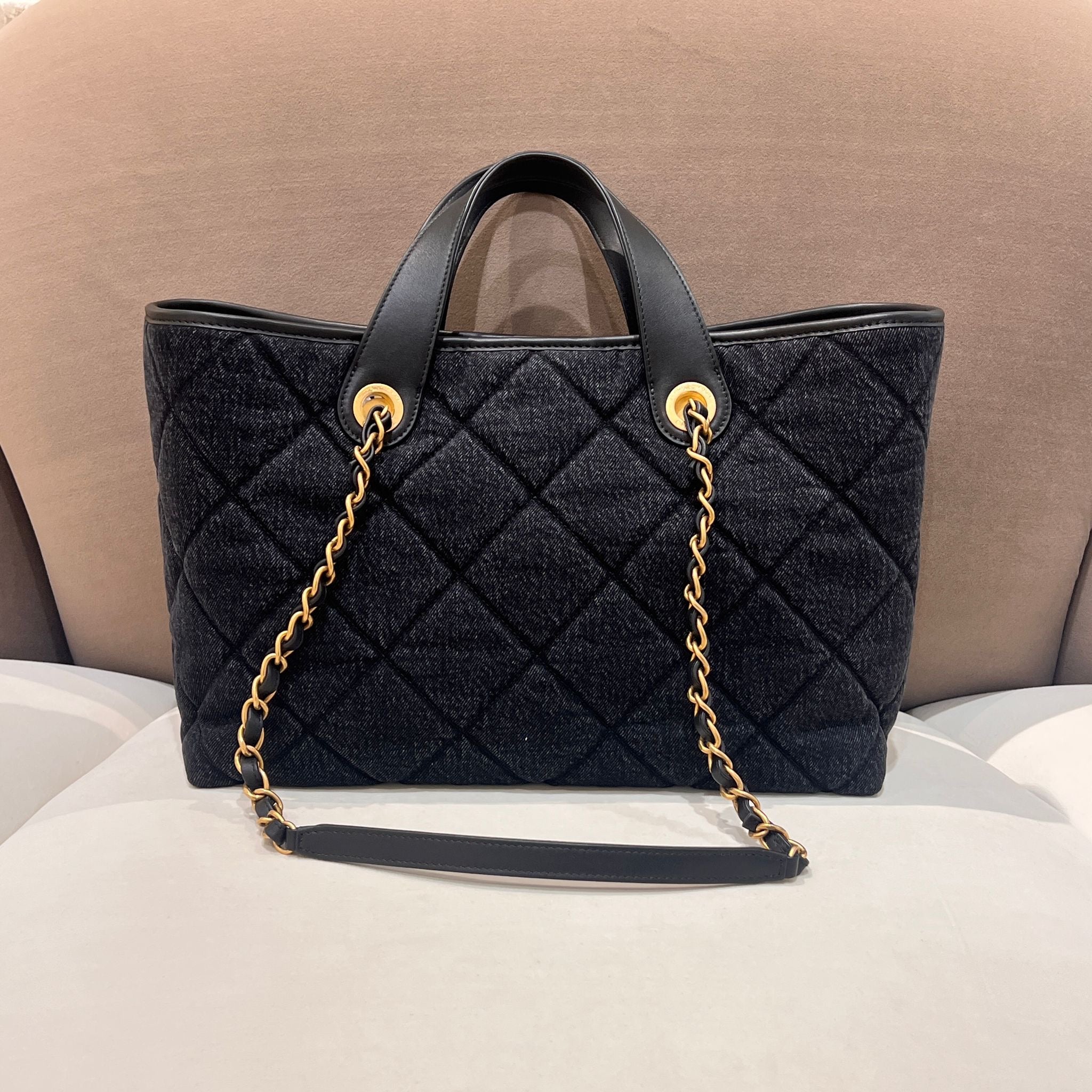 Hong Kong Stock - Chanel Shopping Bag Washed Denim & Gold-Tone Metal (Black)