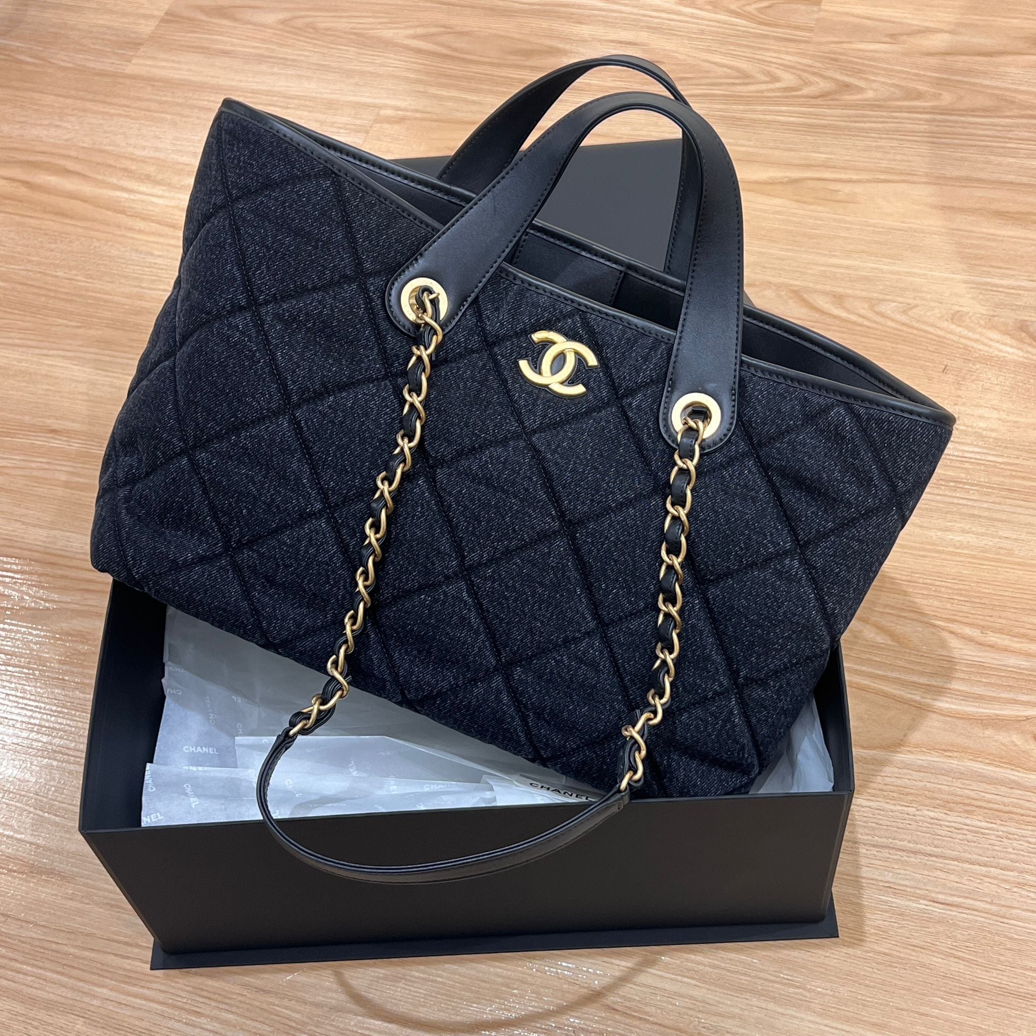Hong Kong Stock - Chanel Shopping Bag Washed Denim & Gold-Tone Metal (Black)